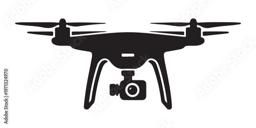 Drone with camera and landing gear, symbol for aerial photography, surveillance and unmanned flight.