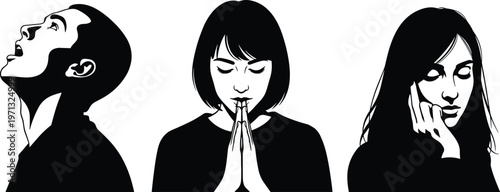 Vector illustration of diverse people expressing emotions, featuring a man looking up and women in prayer and deep thoughtful contemplation.