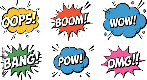 Comic speech bubbles set, colorful pop art text effects bang boom wow omg vector illustration