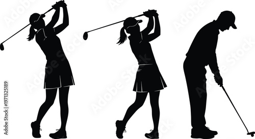 Black silhouette vector of male and female golfers performing professional swings and putting on a course for sports and recreation.