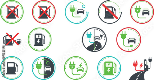 Collection of electric vehicle and fuel station icons on white background