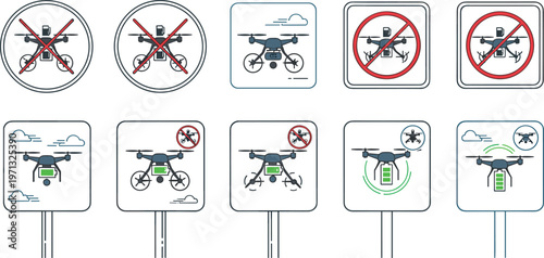 Drone usage signs and symbols for no flying zones and restrictions