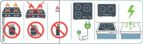 Infographic showing dos and donts for electrical stove safety precautions isolated on white background