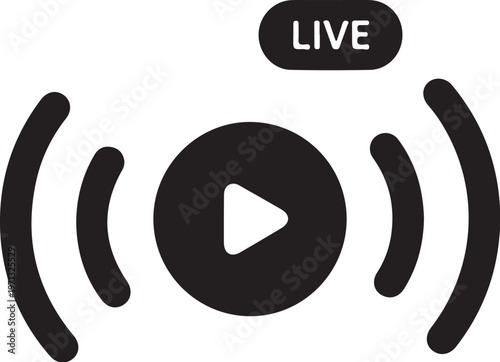Live streaming, play button, video on demand, broadcast icon, black and white