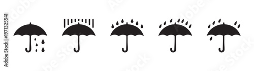 Assortment of umbrella icons with water drops indicating rain severity, clean vector art for weather themes.