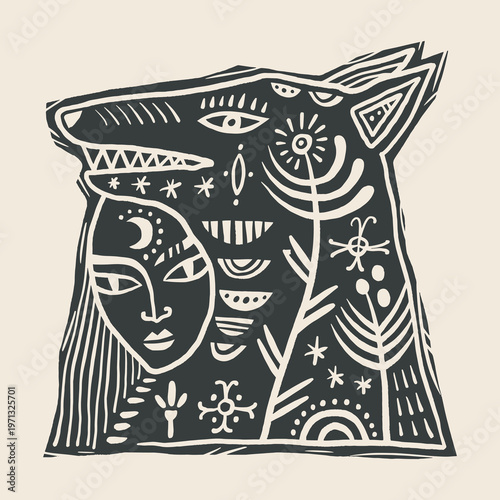 Vector Mystic Woman in Shamanic Wolf Mask Daughter of the Forest, North Spirit Fairytale Mythical Girl Sacred Animal Hide Folk Floral Illustration Clipart