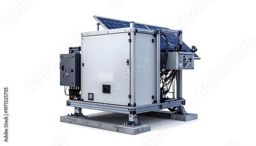 A modular, compact electrical power system with photovoltaic panels integrated on a sturdy, elevated base, rendered against a white backdrop