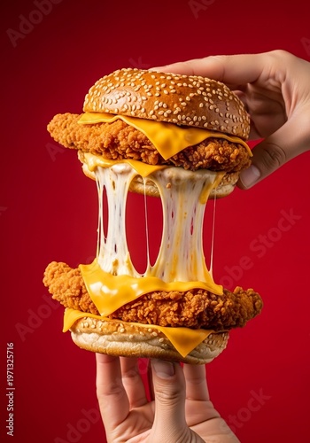 Crispy spicy chicken sandwich lifted by hand with melted cheese stretch, bold red background, food photography for modern fast food advertising and snack branding