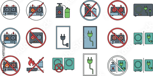 Collection of no fire signs and symbols for safety warnings and labels on white background