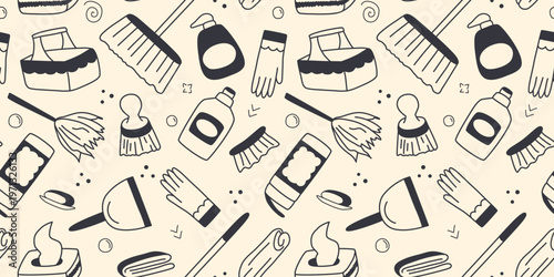 Household chemicals and sanitary accessories doodle seamless pattern. Background with household cleaning products: wipes, powder, spray, detergent, soap, sponge, mop, dustpan. Cleaning print, vector