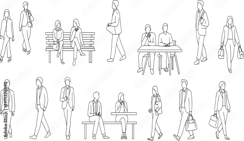 Obraz premium Collection of twelve minimalist line drawings of people in everyday poses, walking, sitting, conversing, carrying bags, and engaging in daily activities