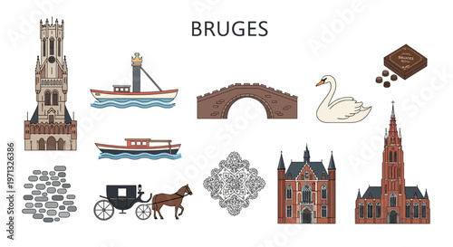 Bruges City Icons Collection: Historic Architecture Transport and Landmarks.