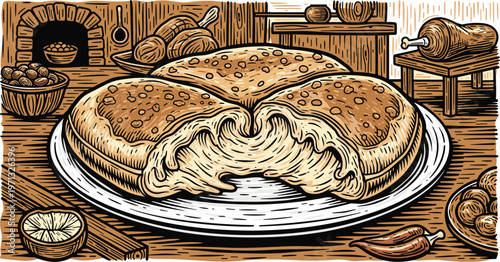 Freshly Baked Traditional Bread Loaf on Plate with Cheese and Spices in Rustic Kitchen Setting, Detailed Vintage Style Illustration