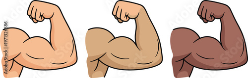Strong arm flexing icons set, muscular biceps symbol in different skin tones, fitness vector illustration