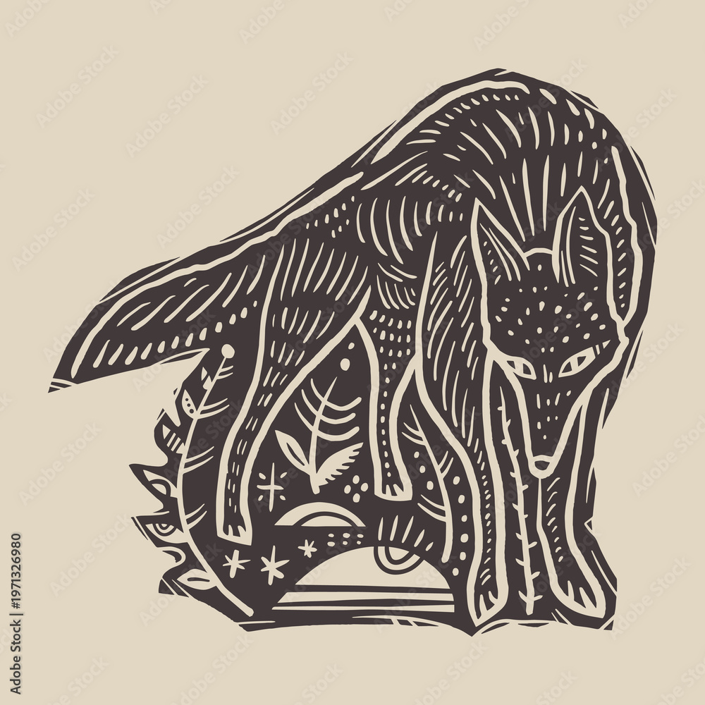 Naklejka premium Minimalist Folk Wolf Illustration in Linocut Style. Ornamental Werewolf Folklore Vector Clipart.