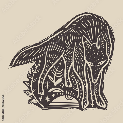 Minimalist Folk Wolf Illustration in Linocut Style. Ornamental Werewolf Folklore Vector Clipart.