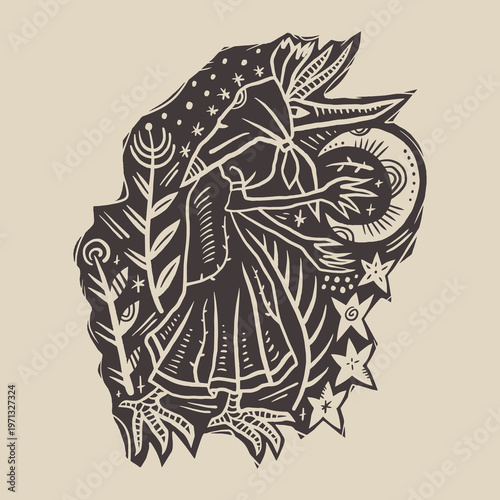 Kikimora Slavic Folklore Spirit Minimalist Linocut Style Vector Mythical Swamp Witch Illustration Hand-Drawn Folk Clipart Print