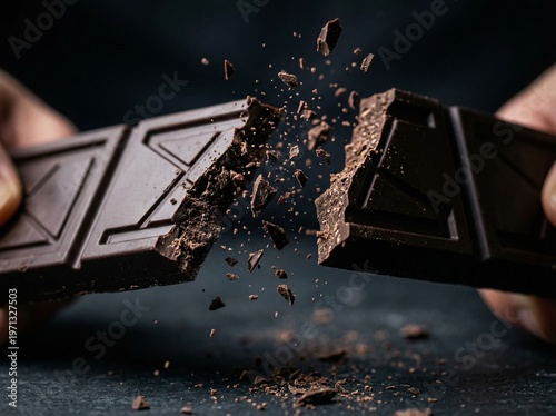 Dark Chocolate Bar Snapping in Half with Flying Crumbs Macro Premium Dessert Food Photography