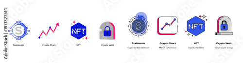 A set of eight cryptocurrency and blockchain related vector icons in a flat design style