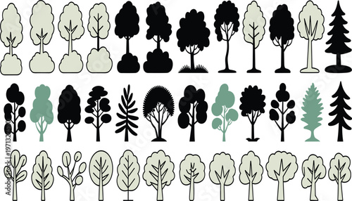 Stylized collection of diverse tree illustrations in black, gray, and green, showcasing foliage patterns, canopy shapes, seasonal variations, and artistic design elements