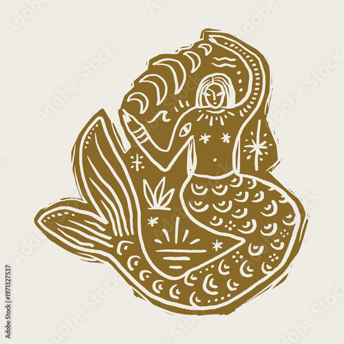 Linocut style illustration minimalist mermaid goddess, traditional folk art aesthetics, modern line work linocut engraving vector clipart. Perfect for mystical decor, nautical folklore books and more