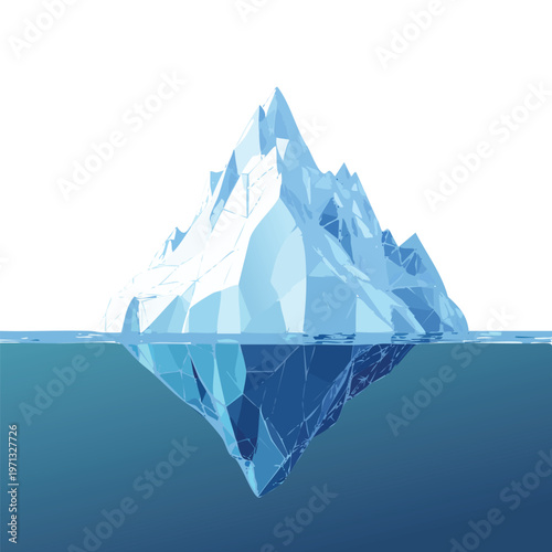Digital iceberg with infographic. Pareto principle concept. Ice mountain peak in the cold ocean. Abstract technology background. Underwater iceberg. 3D polygonal wireframe vector illustration