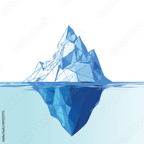 Digital iceberg with infographic. Pareto principle concept. Ice mountain peak in the cold ocean. Abstract technology background. Underwater iceberg. 3D polygonal wireframe vector illustration
