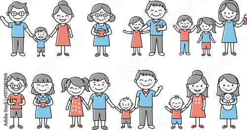 Happy Family with Parents, Children, and Siblings in Cute Cartoon Style, Featuring Smiling Faces and Family Bonding Moments