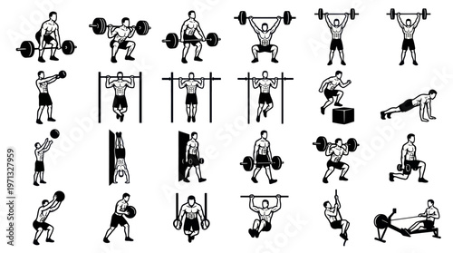 Gym Workout Fitness Exercises Black  White Line Art Vector Icons Set