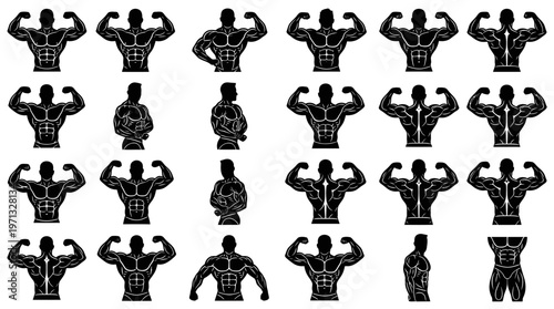 Fitness Bodybuilding Male Silhouettes Poses Vector Icon Set - Muscular Men Black  White
