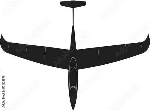 Top‑down glider aircraft silhouette vector illustration showing long wings, streamlined fuselage, T‑tail design, aerodynamic efficiency, and aviation graphics for stock use