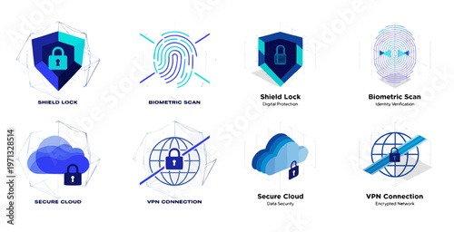 A set of eight vector icons representing various cybersecurity concepts, including shield lock, biometric scan, secure cloud, and VPN connection.