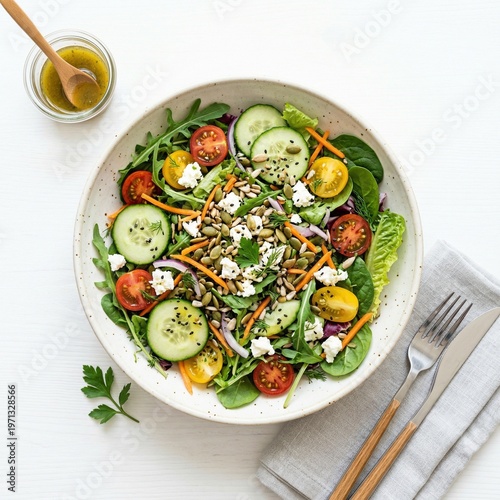 Colorful Salad Bowl Flat Lay Top View Healthy Eating Fresh Greens Tomatoes Cucumbers Seeds on White Background