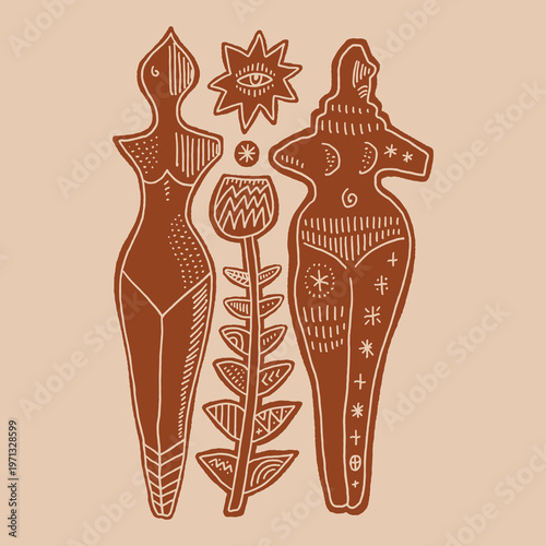 Minimalist Neolithic Mother Goddess, vector clip-art boho sacred feminine abstract figures in linocut engraving style, nature grounding illustration