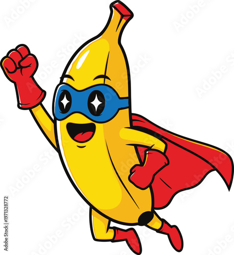 A cartoon banana superhero wearing a cape and mask, flying through the air with a fist raised.
