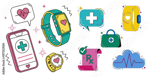 A colorful vector graphic illustration of various medical and health related icons and symbols