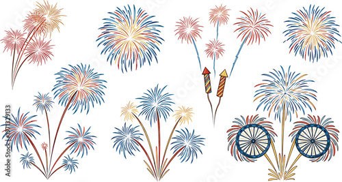 Colorful Fireworks Display Set with Red, Blue, and Gold Pyrotechnic Designs for Celebrations, Events, and Festivals in Vector Art