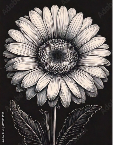 Detailed Black and White Illustration of a Daisy Flower.