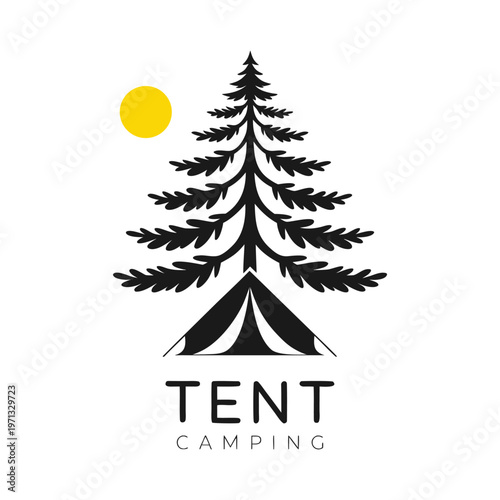 Simple vector of a Tent under a Pine Tree with a small moon. isolated on White Background
