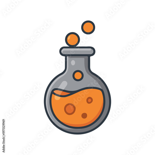 Magic potion bottle illustration. Halloween elixir flask with orange liquid. Cartoon laboratory flask in flat spooky style.