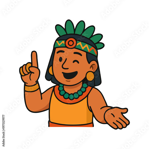 Cheerful Mayan character illustration. Smiling ancient civilization man pointing up. Happy native Mayan cartoon with friendly gesture.