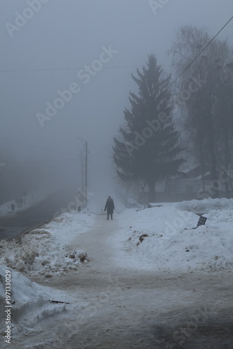 winter landscape with people in the town