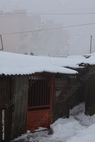 winter in the foggy village