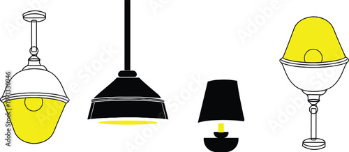 Modern yellow and gray pendant lights and table lamp vector set