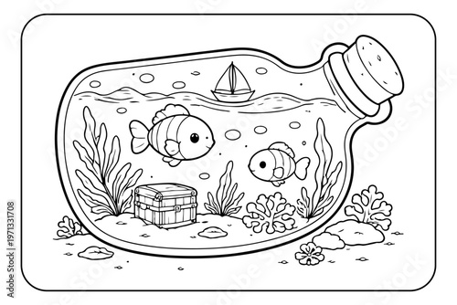 Cute Cartoon Fish and Treasure Chest Inside a Bottle with a Sailboat, Outline Illustration