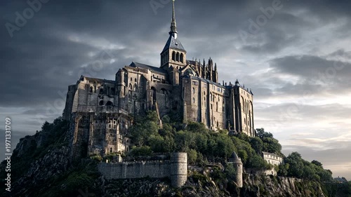 Majestic castle atop a rocky hill under cloudy skies