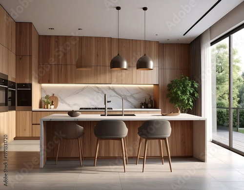 A modern kitchen scene features wooden cabinetry, marble backsplash, a central island with seating, & large windows
