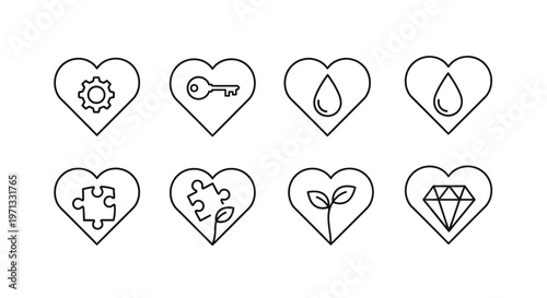 A collection of eight heart icons each containing a unique internal symbol in black line art style Vector