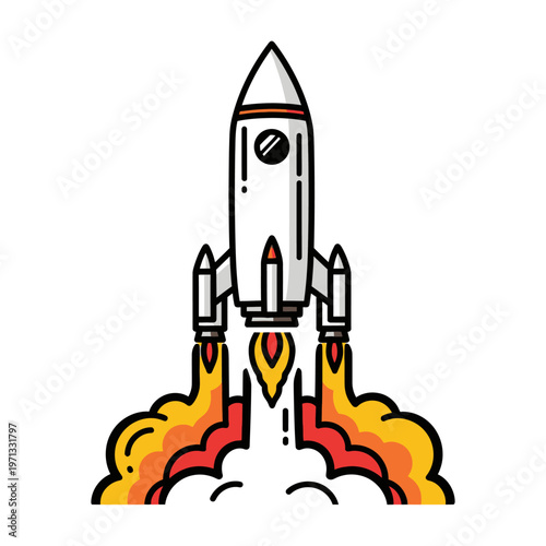 White rocket blasting off with fiery orange and red smoke trails on white background