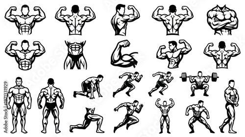 Fitness Bodybuilding Muscular Men Workout Poses Black  White Line Art Vector Set